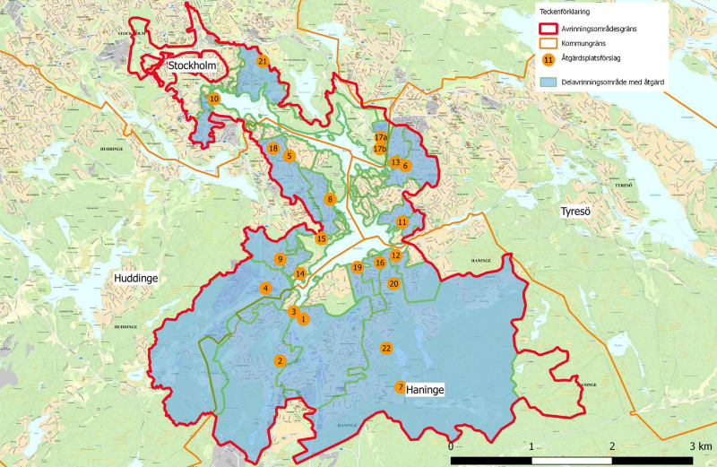Karta över åtgärdsförslagen i Drevvikens avrinningsområde